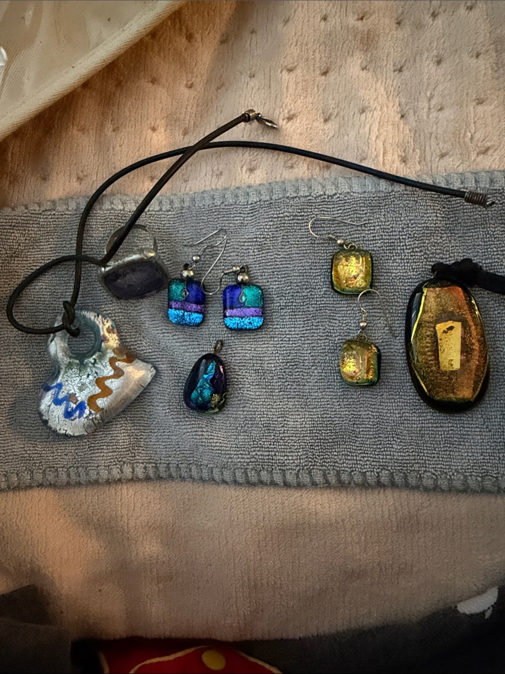 Dichroic Glass Pendant & Earring Set - Blue, Purple, Gold lot